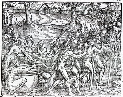 Processie van inboorlingen die drinken en roken, gegraveerd door Theodor de Bry door Jacques Le Moyne